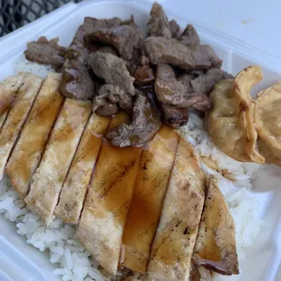 Chicken And Beef Combo with Gyoza and Rice