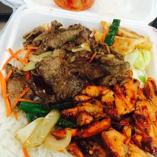 &quot;Made in Korea&quot; - spicy chicken + bulgogi + gyoza + kimchi = $10. Not bad for a combo special