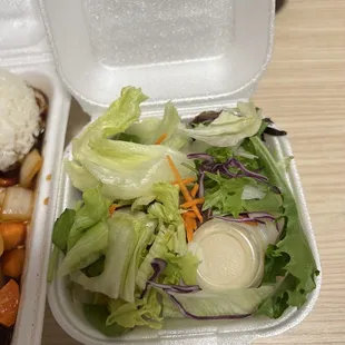 a takeout container with a salad and chicken