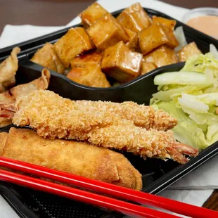 Bento Box Teriyaki Tofu with Tempura Shrimp