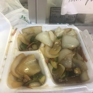 Onions teriyaki,she's wrong for this