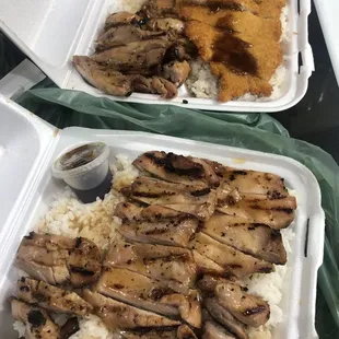 Large portions of rice and Chicken Teriyaki and combo chicken &amp; Chicken Katsu (White Meat)