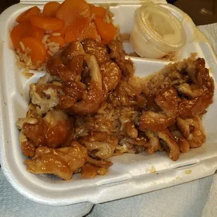 chicken, carrots, and rice in a styrofoam container