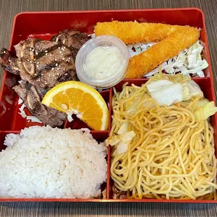 Crispy shrimp, bbq short ribs, yakisoba 2 Items Bento Box