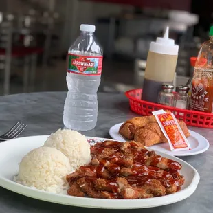 Chicken Katsu with rice and crispy Egg Rolls
