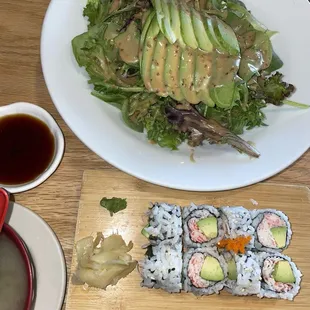 avocado salad, ponzu sauce, california roll, miso soup