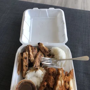 Chicken teriyaki and chicken katsu combo! Comes with rice, salad, and delicious katsu sauce. My fav!