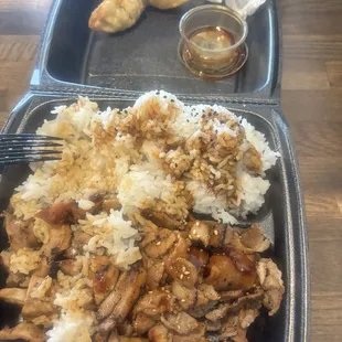 White rice teriyaki chicken and teriyaki pork