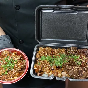 Small chicken Teriyaki and a large half and half chicken and steak.