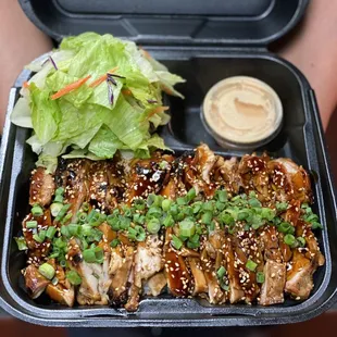 Chicken teriyaki plate includes your choice of dressing and a green salad