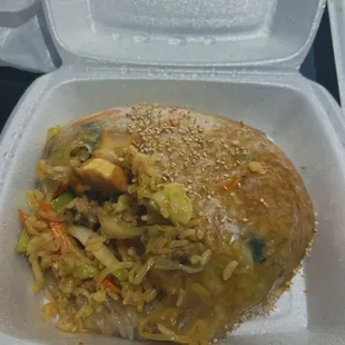 Get the paper wrap! It was tasty rice, veggie, and protein wrapped in rice paper and came with a sauce! Delish