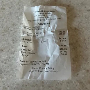 Receipt showing what we ordered