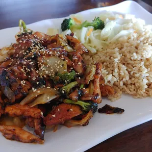 Spicy chicken teriyaki plate with stir-fried vegetable side