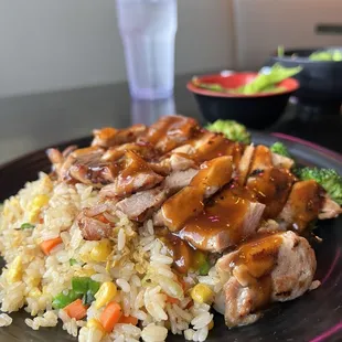 Chicken Teriyaki Plate with Stir-Fried Broccoli and Fried Rice