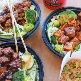 Orange Chicken Bowl, Tofu Teriyaki Bowl and Side Fried Rice