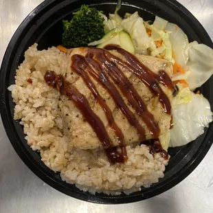 Salmon, brown rice and veggies