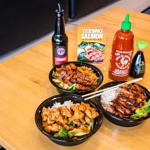 Front, right, back: Orange Chicken, Chicken Teriyaki, Spicy Chicken Teriyaki