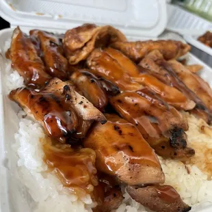 Chicken Teriyaki (foreground), Gyoza (background)