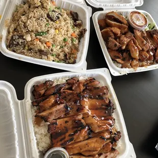 Beef fried rice, teriyaki chicken, and Katsu combo