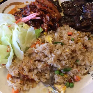 My combo of spicy chicken, beef short ribs and fried rice