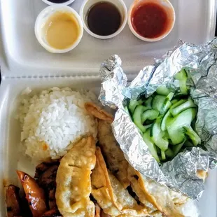 Spicy Chicken Teriyaki Lunch Special w/ Gyoza &amp; Cucumber Salad