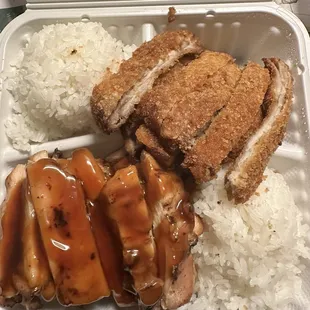 Chicken teriyaki and chicken katsu, it also comes with cucumber salad