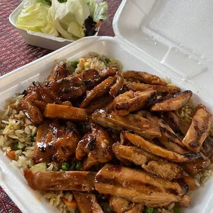 Spicy chicken teriyaki with fried rice and salad