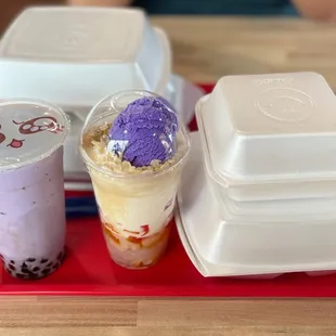 Taro Milk Tea with Boba, Halo-Halo, Lumpia Shanghai (5 Piece), Grilled Bangus &amp; Lechon Kawali both came with Pancit &amp; Rice!