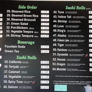 Sushi menu