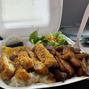 Rice with salad honey spicy chicken and another type
