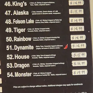 Sushi Menu