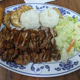 Special Combo with Chicken, Salad, Potstickers, and Egg Roll