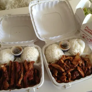 Take-out orders: spicy chicken and chicken katsu, comes with rice and salad. $18 including tax.