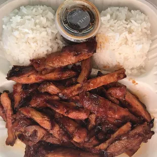 Spicy teriyaki chicken (not that spicy), but still good with Sriracha added.