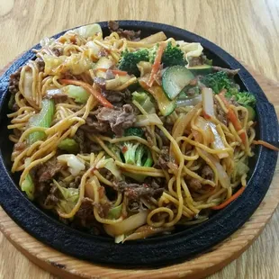 Spicy beef yakisoba. Comes out hot and sizzling! So good.