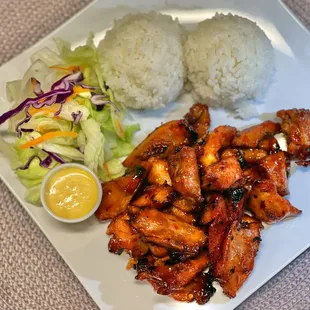 a plate of chicken wings, rice and salad