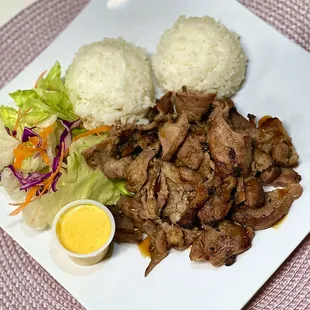 a plate of meat and rice