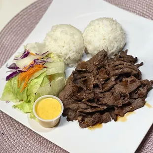 a plate of meat and rice