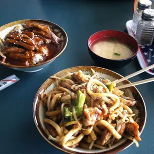 Beef teriyaki bowl and chicken noodle stir fry bowl