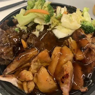 a plate of meat and vegetables