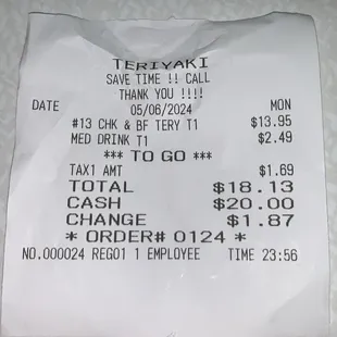 Receipt for chicken and beef  teriyaki plate