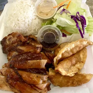 Lunch special teriyaki chicken &amp; gyoza $14.99 comes w/soup, rice &amp; salad. Pretty good but teriyaki sauce was a bit gelled.