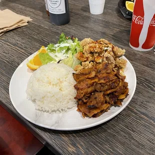 Combo teriyaki plate w/spicy pork and spicy popcorn chicken