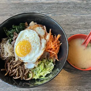 Bimbimbap served with brown rice.