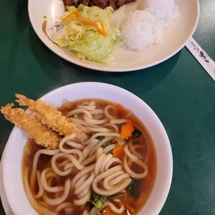 Shrimp &amp; vegetable udon plus pork teriyaki.