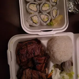 Beef short ribs and Cali rolls. Beef was surprisingly thick and juicy. Rolls were fresh!