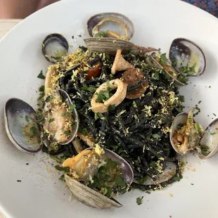 Squid ink pasta. Too oily, not enough flavor