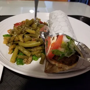 Falafel sandwich and green beans