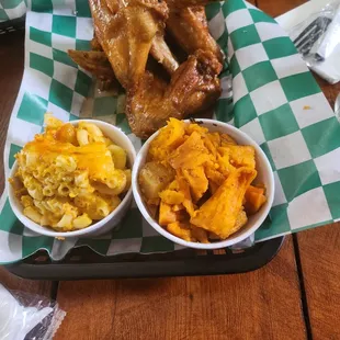 Honey old bay chicken wings with Mac n cheese and yams