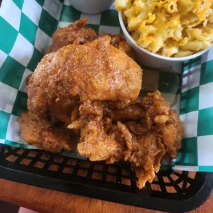 Honey old bay chicken tenders, Mac n cheese and yams